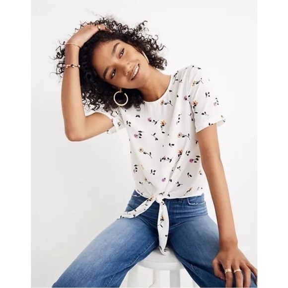 Madewell Button-Back Tie Tee Sweet Blossoms White Floral Cropped J8906 - Picture 1 of 6